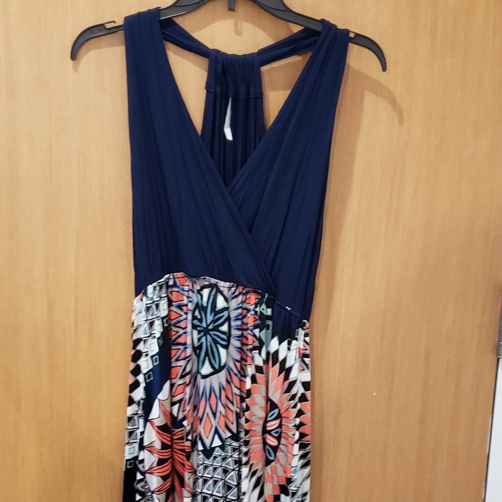 Tua Blue mixed media halter maxi dress, XL, sleeveless halter dress